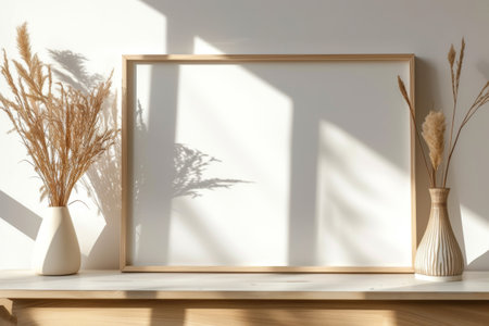 Photo frame mockup in a living room with soft light casting shadows on a white wall, adorned with wooden decor and dry grassの素材