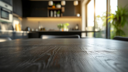 A dark kitchen table surface with blurred modern kitchen on backgroundの素材
