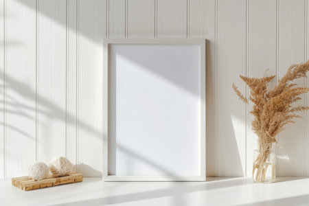 Photo frame mockup in a living room with soft light casting shadows on a white wall, adorned with wooden decor and dry grassの素材