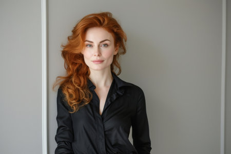 A charming red-haired woman in a classic black blouse, exemplifying her refined taste and effortless eleganceの素材