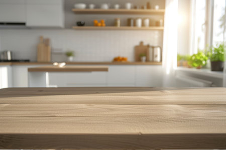 Close-up a modern kitchen table, embodying sustainable design with a soft-focus kitchen setting behindの素材