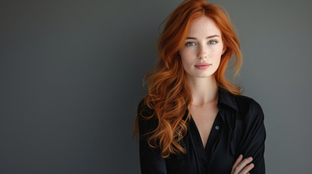 A charming red-haired woman in a classic black blouse, exemplifying her refined taste and effortless eleganceの素材