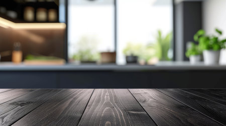 A dark kitchen table surface with blurred modern kitchen on backgroundの素材