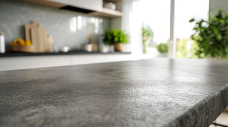 The sleek surface of a stone kitchen table, set against the blur of a modern kitchenの素材