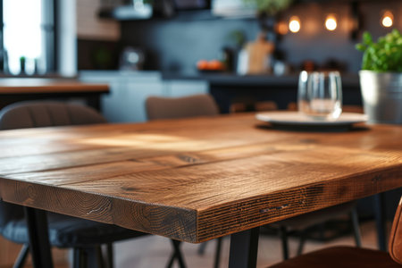 A modern wooden kitchen table, symbolizing a fusion of sustainable living and contemporary home designの素材