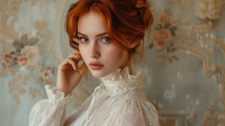 A young woman with fiery red hair, preparing for an evening event, her elegant blouse perfectly suited for the formal occasionの素材