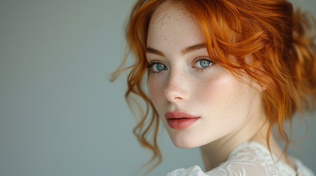 A young woman with fiery red hair, preparing for an evening event, her elegant blouse perfectly suited for the formal occasionの素材