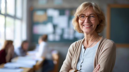 A smiling middle aged female teacher with glasses, arms crossed, standing in a classroom in the background