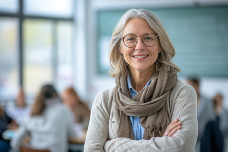 A smiling middle aged female teacher with glasses, arms crossed, standing in a classroom in the backgroundの素材