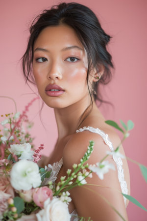 The bride, adorned in a white dress with pink floral accents, gazes directly at the camera against a pink backdropの素材