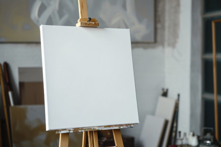 Blank canvas mockup on wooden easel in white wall room, closeupの素材