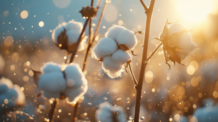 Glistening cotton bolls in sunlit rain against a bright, bokeh-filled backgroundの素材