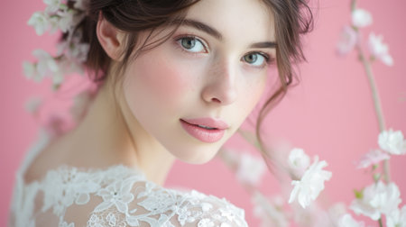 The bride, adorned in a white dress with pink floral accents, gazes directly at the camera against a pink backdropの素材