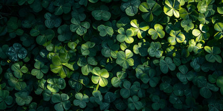 A dense field of clover basking in dappled sunlight, creating a vibrant green background for St. Patrick's Dayの素材