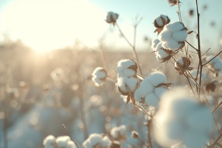 A cotton plant field, cotton balls, light blue sky, sunlit, light blurred backgroundの素材
