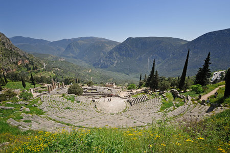 View of Delphi Theater, temple of apollo and valley