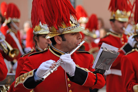 CORFU, GREECE - APRIL 18, 2009: Philharmonic musicians in the customary lament procession on the...