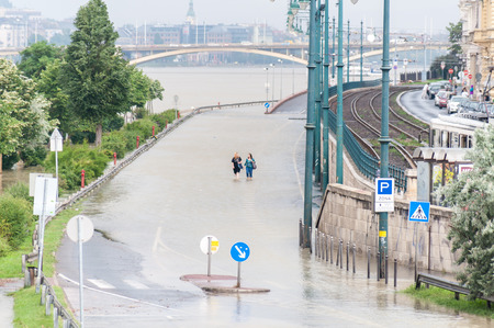 BUDAPEST, HUNGARY - JUNE 29, 2009: The floodwaters are not receding at the overflowed Danube, caused by the Quinton Low.のeditorial素材