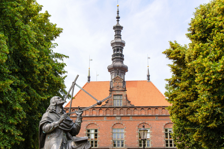 GDANSK, POLAND - JULY 6, 2009: Sculpture of Jan Heweliusz observing with a quadrant and alidade, designed by Jan Szczypka located in the park across the Old Town Hallのeditorial素材
