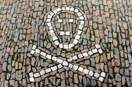 KUTNA HORA, SLOVAKIA - JULY 8, 2009: Skull and crossbones design within the cobblestone footpath at...
