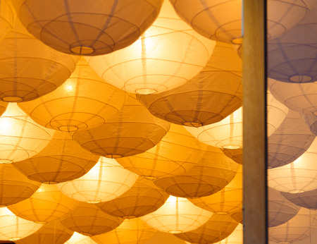LJUBLJANA, SLOVENIA - JULY 9, 2009: Ceiling covered with hanging spherical rice paper lanternsのeditorial素材