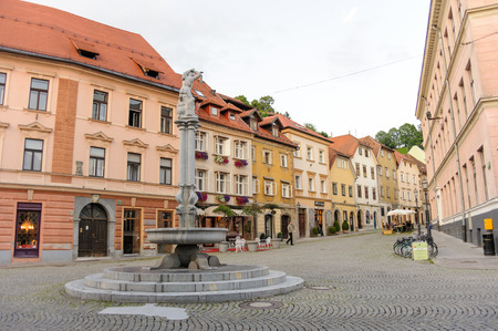 LJUBLJANA, SLOVENIA - JULY 9, 2009: Hercules fountain where Stari square and Gornji squares meet at the old townのeditorial素材