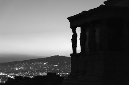 ATHENS, GREECE- AUGUST 6, 2009: Silhouettes of the Karyatides on the Erechtheion temple's south porch, at the Acropolisのeditorial素材
