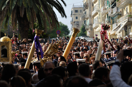 CORFU, GREECE - APRIL 18, 2009: Sailors and priests carrying the Epitaph during the customary lament...