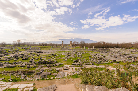KRINIDES, GREECE - FEBRUARY 25, 2010: Roman forum and Greek agora with Basilica B further in the background and Egnatia road in the foreground at Philippiのeditorial素材