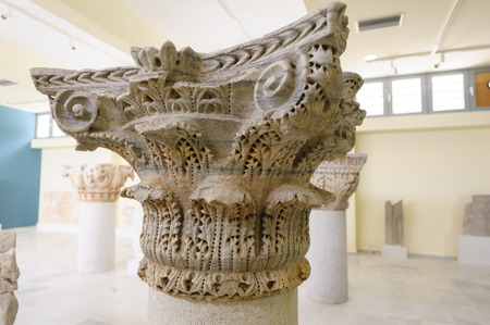 KRINIDES, GREECE - FEBRUARY 25, 2010: Detail of a marble Byzantine column capital in Corinthian order at Philippiのeditorial素材