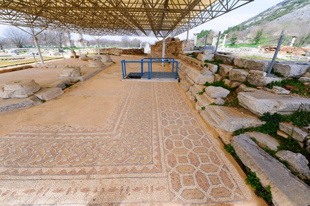 KRINIDES, GREECE - FEBRUARY 25, 2010: Beautiful mosaic floor of geometric shapes and animals at the Octagon Basilica church in Philippiのeditorial素材