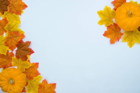 Frame of autumn leaves. Dried leaves, pumpkins, flowers on white background. Autumn, fall, Halloween, Thanksgiving day concept. Flat lay, top view, copy space.の写真素材