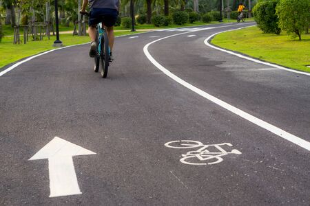 Bicycle lane marking or bike road sign with an arrow on the street in the public park.の写真素材