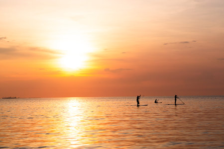 Silhouette of family playing the stand-up paddle board on the sea with beautiful summer sunset...