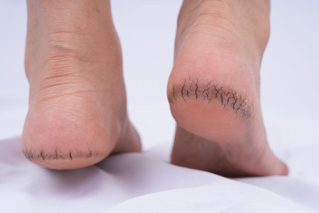 Close-up of dry and cracked heel with black bad skin on white background. Medical, healthcare for...