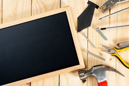 Happy Father Day background concept with tools, blackboard and tie on wooden background with copy space for text.の写真素材