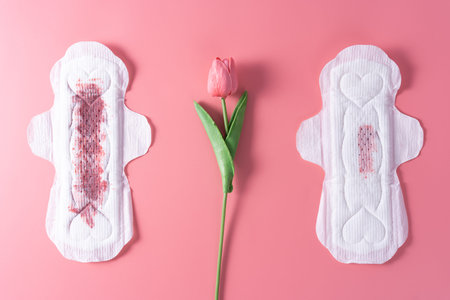 Set of different used sanitary pad, Sanitary napkin with tulip flower on pink background....