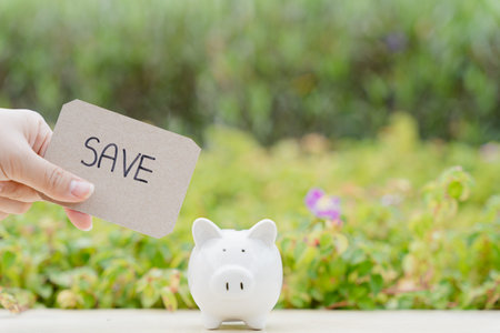 Piggy bank with save word paper on blurred green natural background. Saving money and investment concept.の写真素材