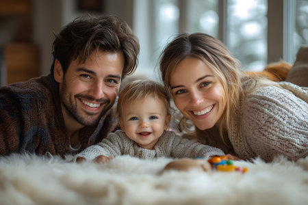 Happy parents and their adorable baby are smiling brightly while lying together on a soft, fluffy rug inside their home.の素材