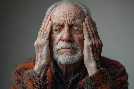 An old man expresses intense discomfort by pressing his hands to his temples with his eyes closed, showing pain or stress.の素材