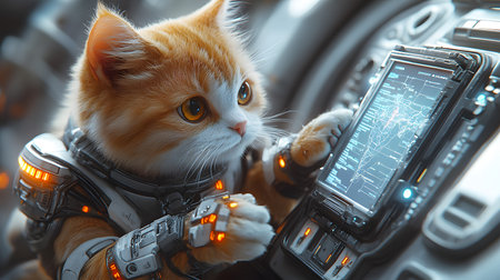 A cute ginger and white feline in a futuristic suit carefully interacts with an illuminated control panel in a spacecraft interior.の素材