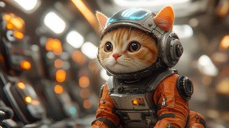 A charming feline astronaut in an orange space suit and helmet sits attentively within a futuristic spacecraft interior.の素材