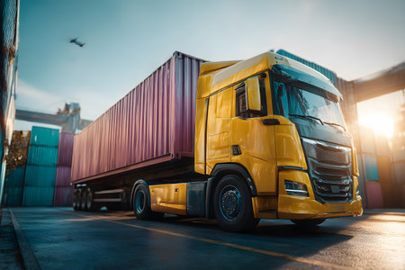 A powerful yellow semi truck carrying a large red shipping container is parked in an industrial logistics yard, ready for global freight transport.の素材