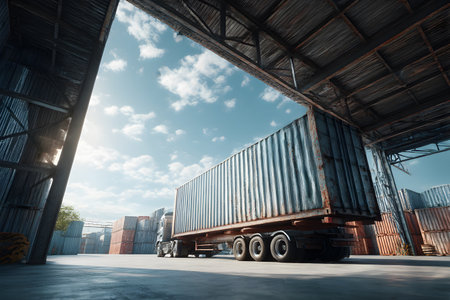 A massive freight truck carries a large shipping container into an expansive logistic warehouse facility, ready for global distribution.の素材