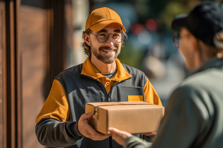 A uniformed delivery person happily hands a brown cardboard package to a waiting recipient at a bright outdoor location.の素材