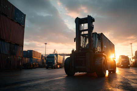 An industrial forklift efficiently moves cargo containers at a large shipping port during the vibrant sunset hour, illustrating global logistics.の素材
