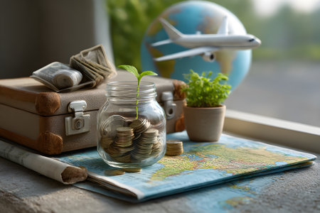 Coins in a glass jar with a growing plant represent saving money for exciting global travel and future adventures.の素材