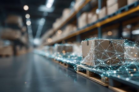 Digital networks illustrate smart logistic processes inside a busy warehouse, enhancing package tracking and efficient supply chain management.の素材