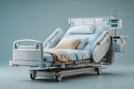 A modern hospital bed, fully equipped with digital health technology and advanced monitoring systems, stands ready for optimal medical care.の素材