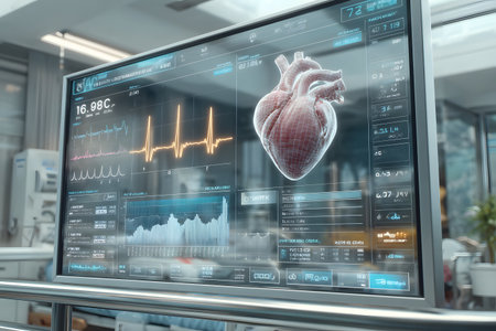 A futuristic transparent display screen uses cyber technology showing a detailed holographic human heart with health data and medical vital signs for advanced monitoring.の素材